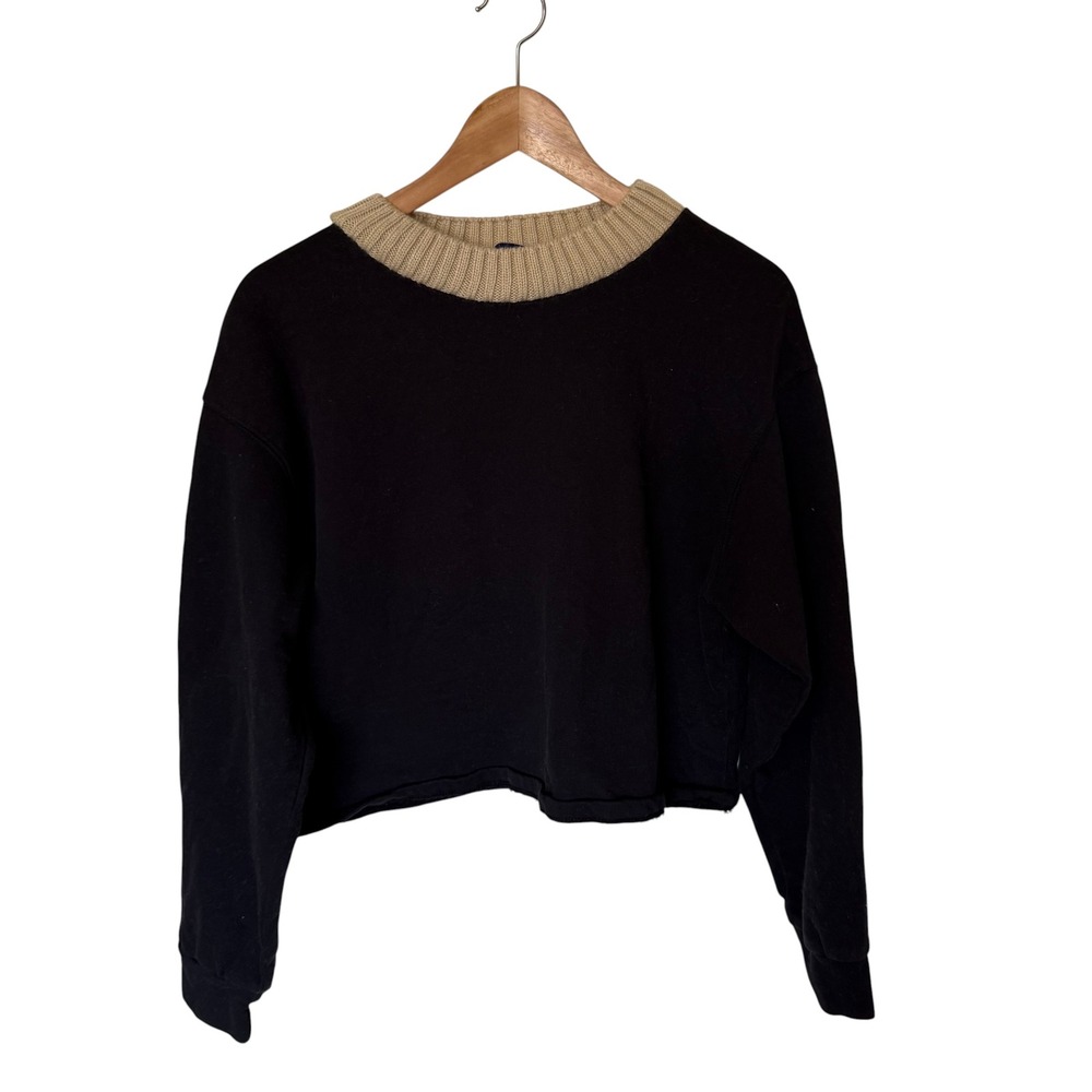 Zara Sweatshirt Womens Medium Black Beige Contrast Knit Collar Cropped Raw Hem